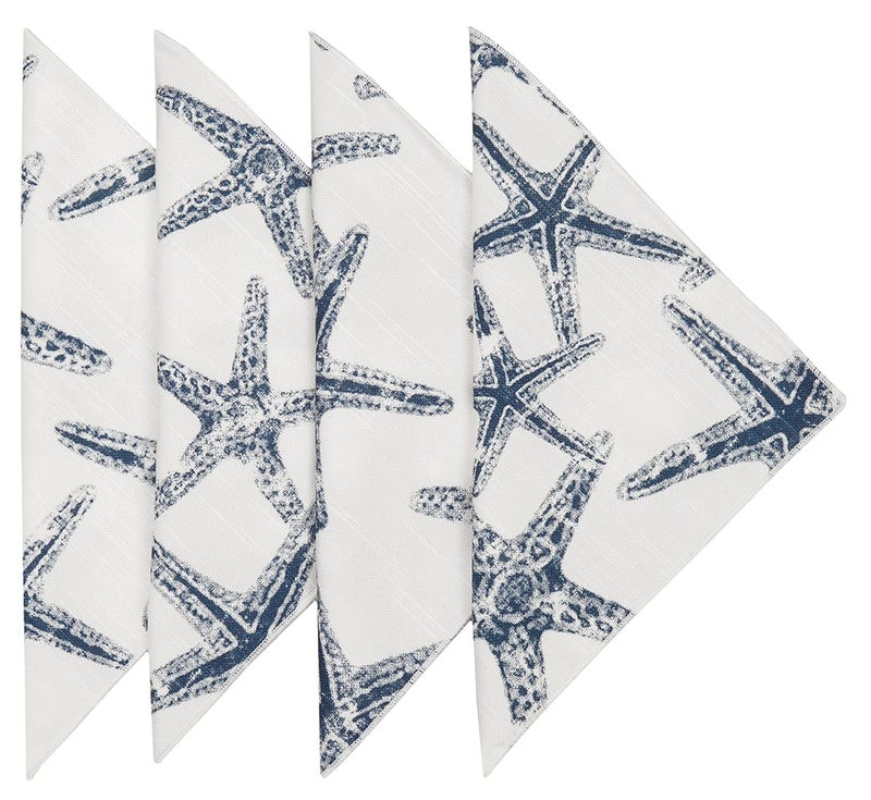 Decorative Things Cloth Napkins 100% Cotton Fabric Linen Napkins Beach Wedding Reception Table Decor, Party Ideas, Blue and White Starfish Coastal Tablescapes 18" x 18" Dinner, Set of 4 - Image 1